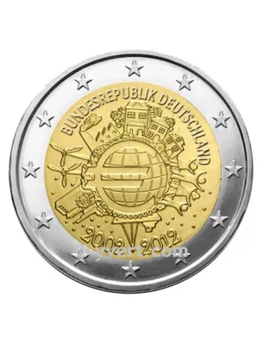 2 EURO COMMEMORATIVE 2012 : ALLEMAGNE (5 pièces - 10 ans de la mise en circulation des Euros)