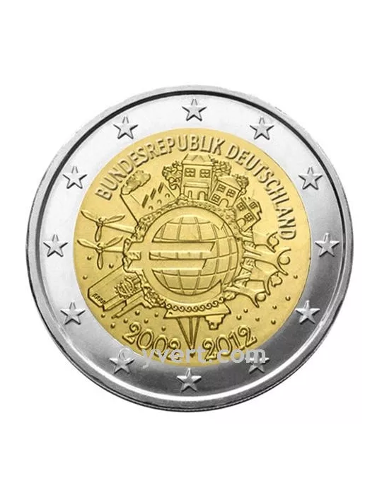 2 EURO COMMEMORATIVE 2012 : ALLEMAGNE (5 pièces - 10 ans de la mise en circulation des Euros)