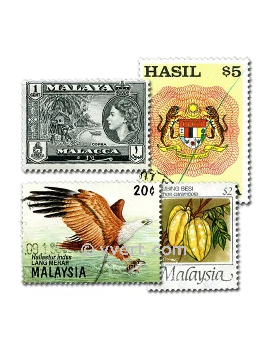MALAISIE : pochette de 100 timbres (Oblitérés)