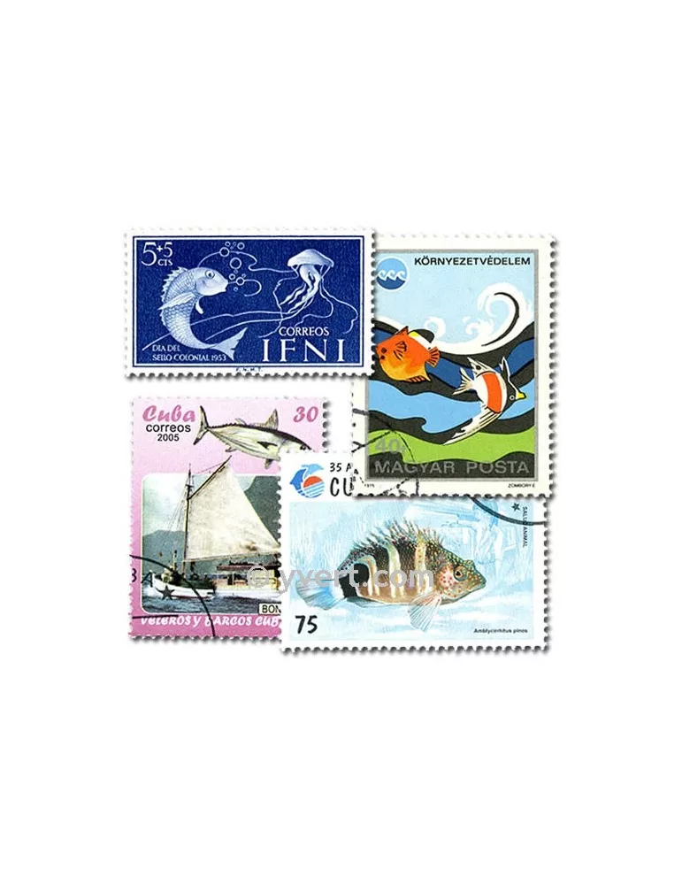 POISSONS : pochette de 500 timbres (Oblitérés)