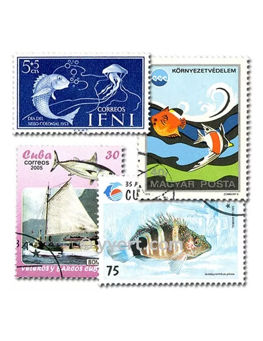 POISSONS : pochette de 500 timbres (Oblitérés)
