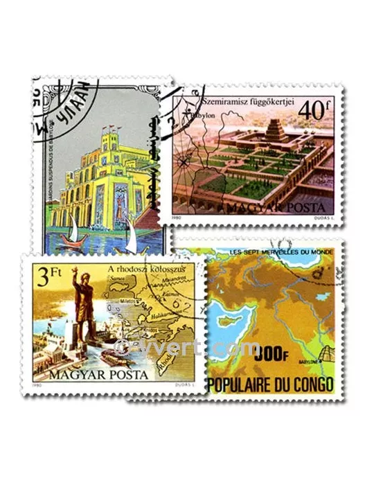 SEPT MERVEILLES DU MONDE : pochette de 25 timbres (Oblitérés)