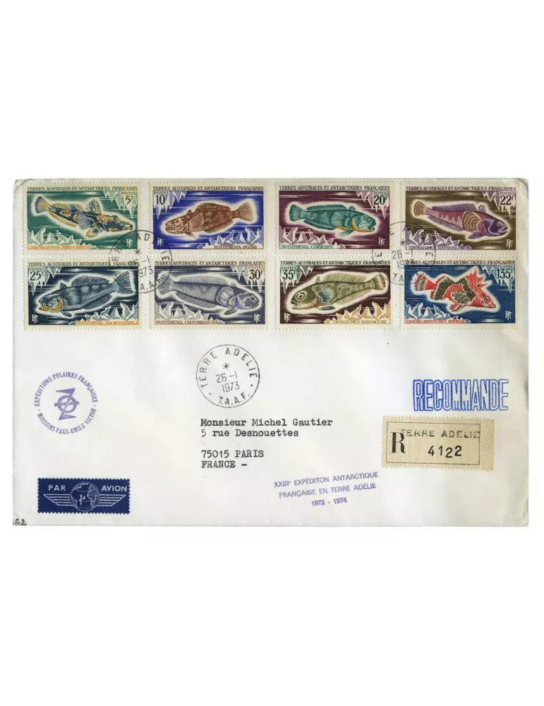 n° 34/38 et n° 43/45 obl. sur lettre - Timbre TAAF Poste