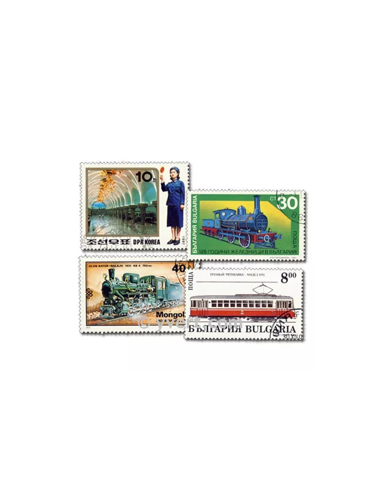 TRAINS : pochette de 100 timbres (Oblitérés)