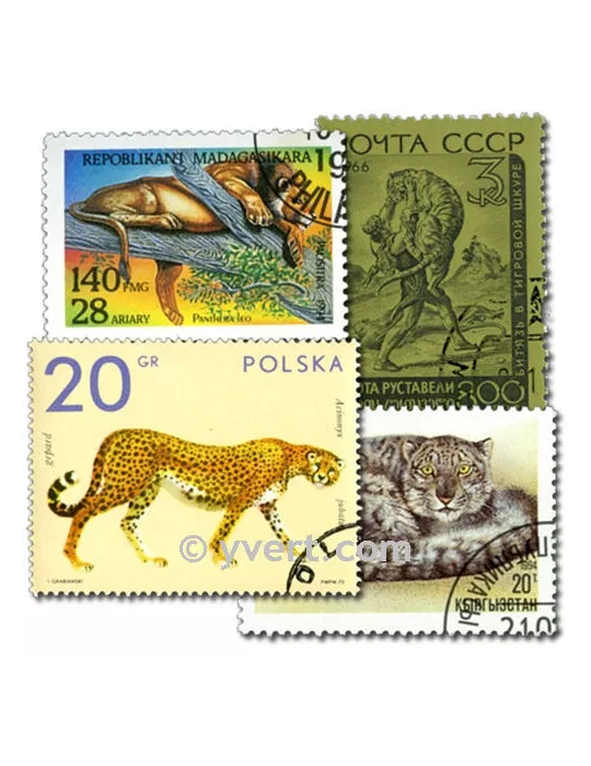 FELINS : pochette de 100 timbres (Oblitérés)