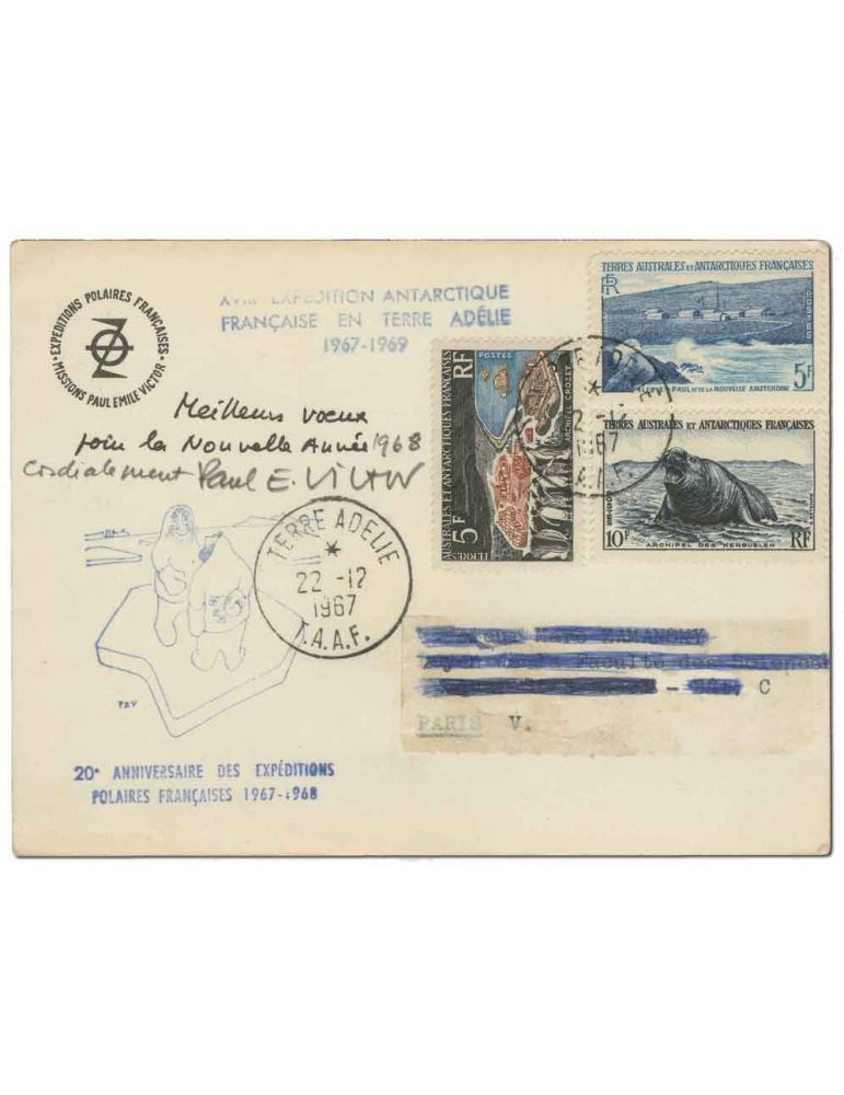 TAAF : Carte de vœux de Paul Emile Victor de 1968