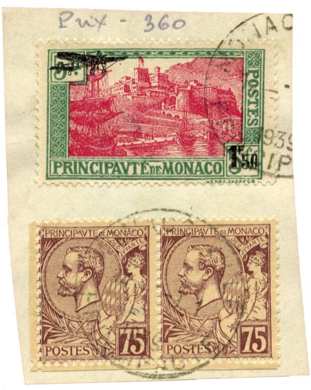 n°1 + n°19 x2 obl. sur fragment - Timbre MONACO Poste Aérienne n°1 + n°19 x2 obl. sur fragment - Timbre MONACO Poste Aérienne