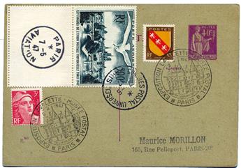 France : PA n°20 obl. de Paris 7/5/47 + complément d´affranchissement sur entier postal 40 c. Paix