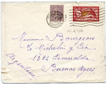 France : n°121 + 276 obl. de BORDEAUX 14/IX/1932 sur pli pour Buenos-Ayres avec arrivée