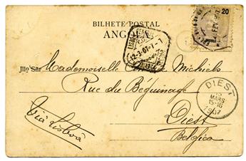 Angola : CPA de LOANDA via LISBOA pour Diest (Belgique) avec arrivée 15/MARS/1907